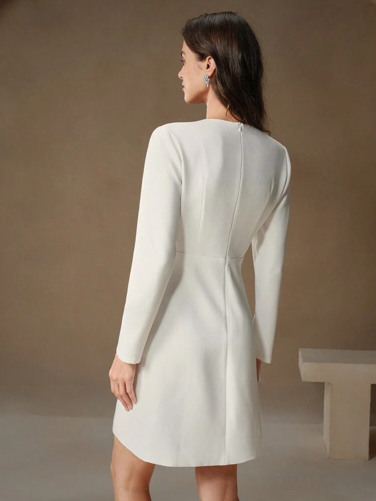 V-Neck White Luxury French Style Rhinestone Heart Decor Long Sleeve A-Line Mini Dress, Fitted & Flattering, Short Cocktail Party Dress