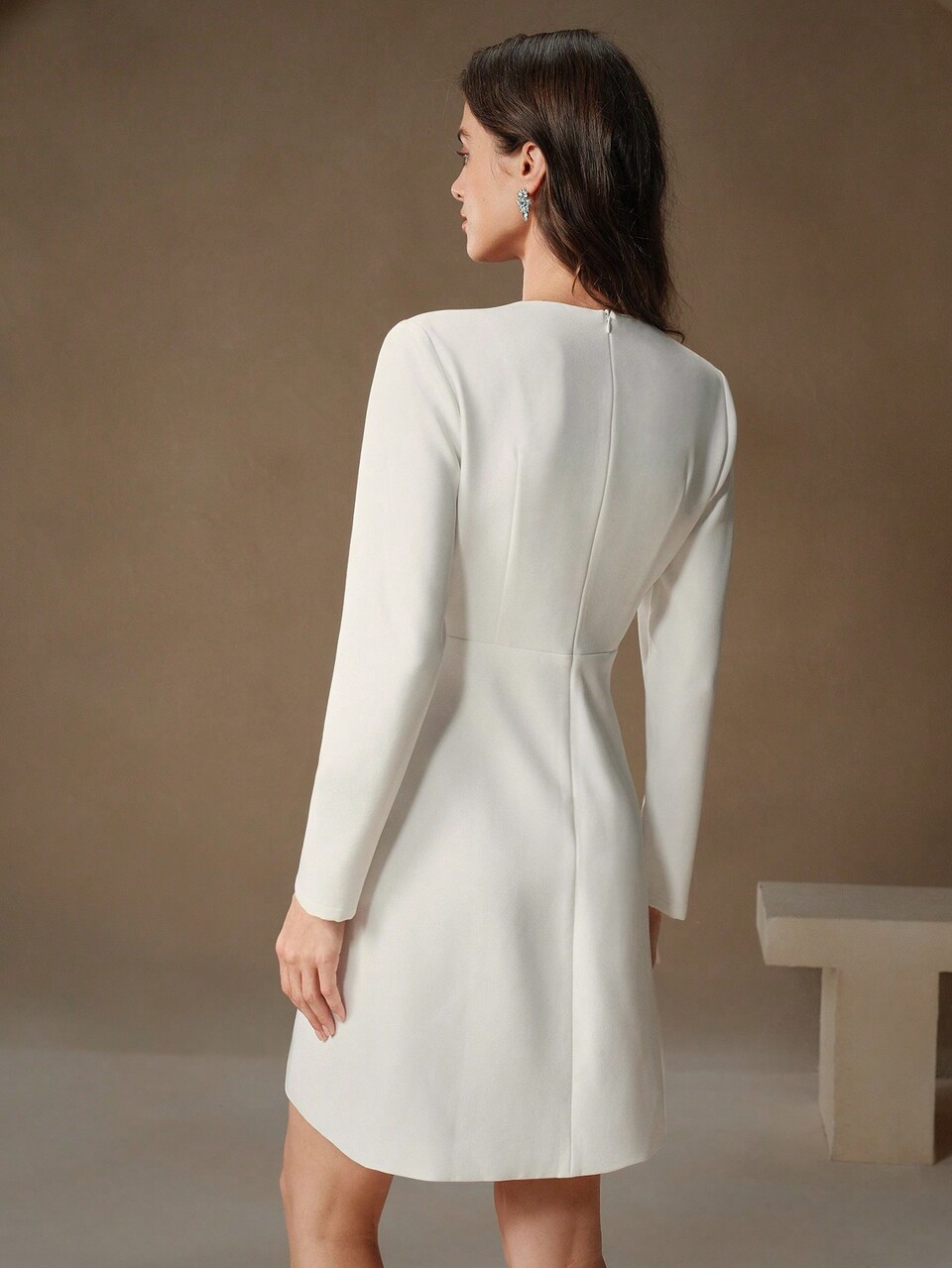 V-Neck White Luxury French Style Rhinestone Heart Decor Long Sleeve A-Line Mini Dress, Fitted & Flattering, Short Cocktail Party Dress
