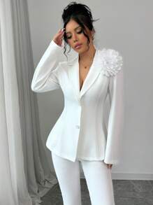 Elenzga Women's Solid Color Lapel Collar Long Sleeve Big Floral Elegant Cinched Waist Blazer - White - View 4