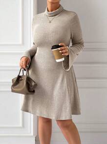 Calvaya Women Solid Color Knitted High Neck Flared Sleeve Dress - Apricot - View 5