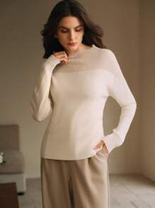 Anewsta 女士落肩圆领长袖修身套头衫，秋冬款 - 杏色 - 查看 6