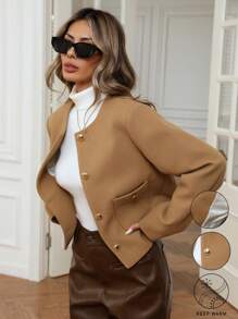 SHEIN Privé Minimalist Elegant Loose Fit Short Jacket With Large Pockets And Metal Decorative Buttons Fall Winter Cloth For Women