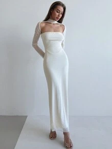 Aloruh 1 pieza Vestido ceñido de manga larga con detalles de malla transparente en color albaricoque para mujer, romántico para una cita