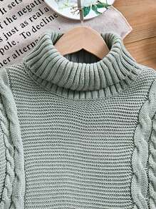 SHEIN Leap Crew Tween Girl 休闲家居服 灰色 & 绿色麻质纹理针织高领毛衣