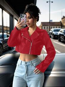 Chiquease Chaqueta de estilo motero corta con decoración metálica para mujeres, ropa con estética motociclista para el Año Nuevo - Rojo - Ver 1