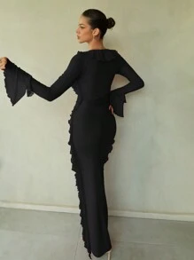 SHEIN BAE 1 chiếc váy dài tay xẻ tà cổ chữ V sâu màu đỏ trơn cho nữ, thanh lịch và gợi cảm, thích hợp mặc vào mùa thu/đông làm lớp lót, tiệc cocktail, hẹn hò lãng mạn, tiệc tùng, phù dâu dự tiệc cưới, đi chơi đêm, Halloween, Giáng sinh - màu đen - Xem 2