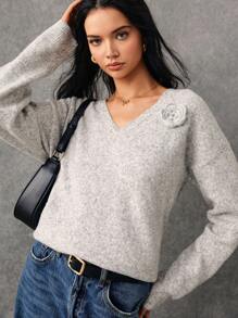 Poéselle Women's Grey Autumn V-Neck Sweater Crocheted Floral Applique Loose Long Sleeve Pullover,Casual Brunch Warm Furry Effortless Chic Essential Sweaters - Light Grey - View 1