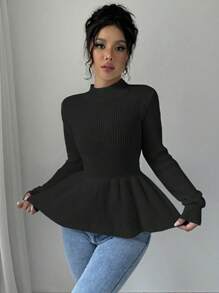 Chiquease 女士优雅纯色立领喇叭下摆套头针织毛衣，秋冬款 - 黑色 - 查看 3