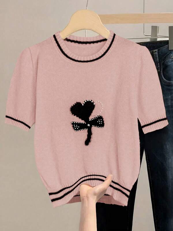 SHEIN LUNE Plus Size Heart Graphic Round Neck Short Sleeve Casual Knitted Top, Suitable For Autumn/Winter