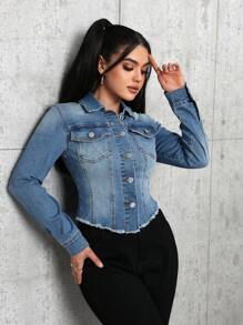 SHEIN PETITE Women's Single-Breasted Long Sleeve Denim Jacket With Fringe Trim, Autumn
