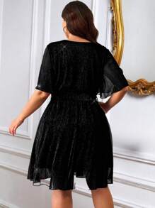 Celure Đầm dự tiệc midi tay loe chữ A cổ chữ V sâu lấp lánh dần thắt eo cho nữ cỡ lớn - màu đen - Xem 2