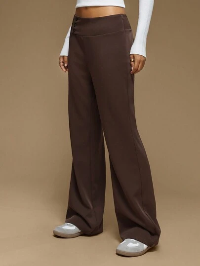Forever 21 Women's Solid Color Button Front Straight Leg Pants, Elegant For Work