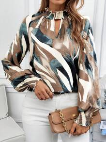 SHEIN Clasi 女士秋季休闲镂空花卉印花荷叶边领长袖衬衫，适合通勤和户外穿着 - 彩色 - 查看 7