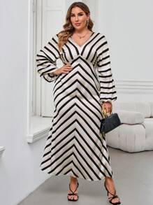 SHEIN Clasi Herbst/Winter schwarz & rosa gestreiftes Kleid mit Trompetenärmeln und Taille, elegant und schick, in Große Größen