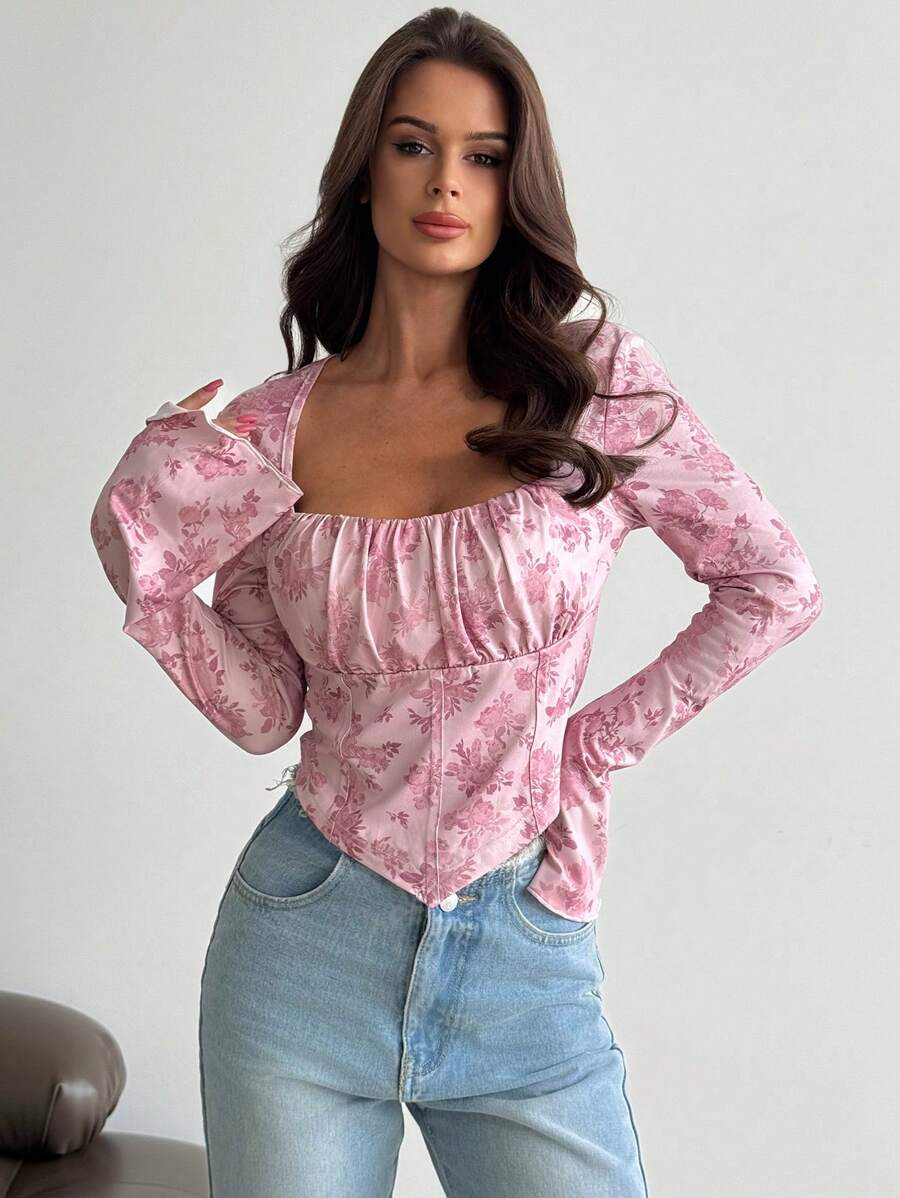 SHEIN Áo thun tay loe xếp nếp cổ bẻ vải bóng thanh lịch cho ngày lễ & kỳ nghỉ - Hồng - Xem 1