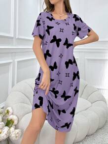 蝴蝶印花时尚女士短袖睡袍，Moo Moo