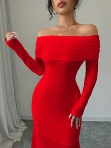 Selianne 优雅紧身长袖收腰双层露肩露背扭纹美人鱼下摆弹力针织连衣裙，女士秋冬季新年服装长款女装 - 紅色 - 查看 5