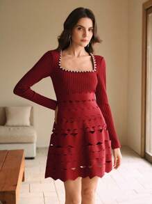 Anewsta 水钻装饰方领荷叶边下摆针织迷你连衣裙 酒红色女装