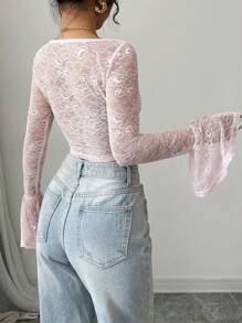 Chiquease 1-Piece Set Women's Pink Lace Transparent Solid Color Sweetheart Square Neck Fit Bell Long-Sleeved Top Hot Girl Suitable For Dating And Going Out To Take Photos As A Bottoming Spring And Summer Top Fall Cloth For Women