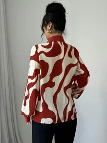 Mulvari 1 件女士全印花正面纽扣优雅办公室长袖衬衫 - 咖啡棕 - 查看 2