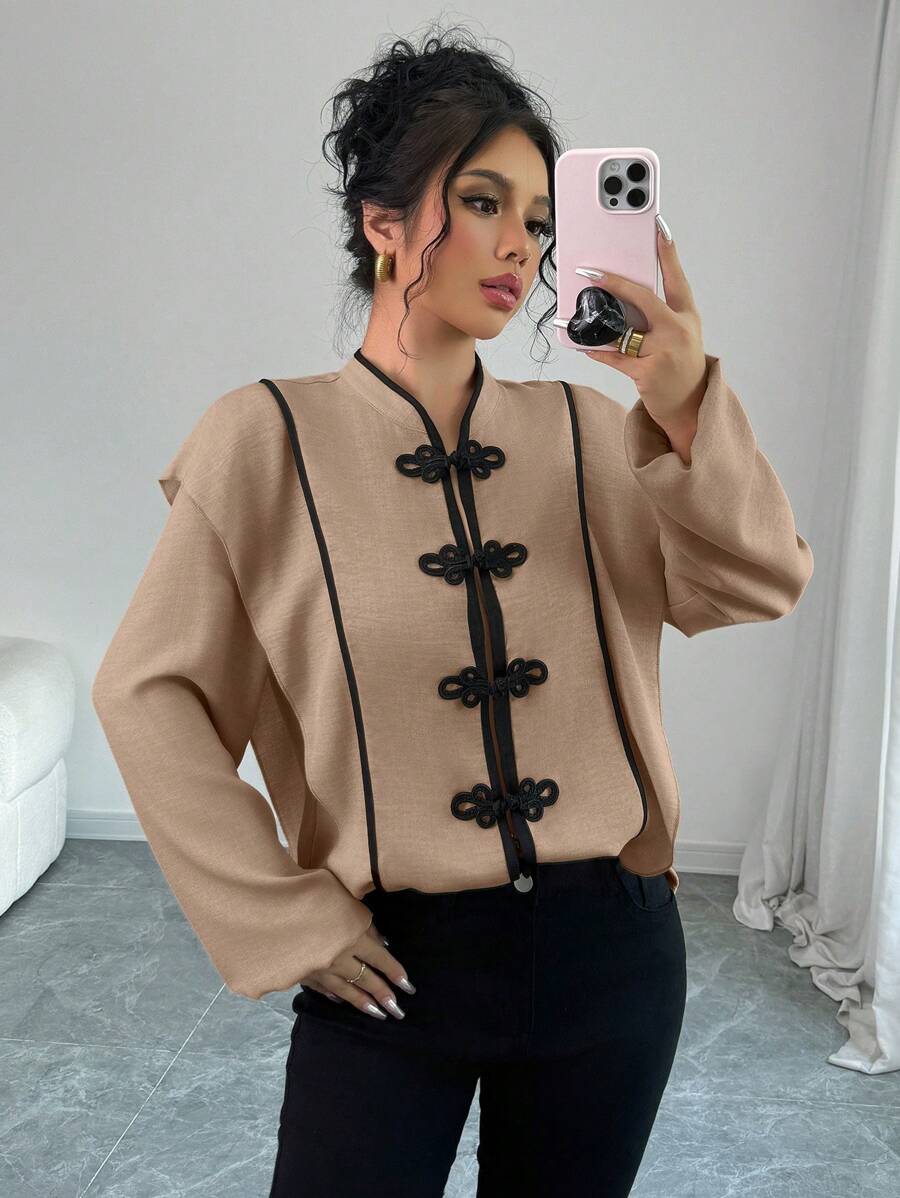 SHEIN Unity Women's Stand Collar Button-Up Contrast Color Ruffle Cuff Long Sleeve Blouse, Autumn/Winter Women Shirt Blouses Elegantvintage Clothes Women - Khaki - View 1