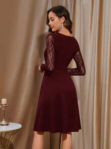 SHEIN Clasi Sleeve Lace Splicing Notched-Neck Asymmetric Hem Dress - Burgundy - View 2