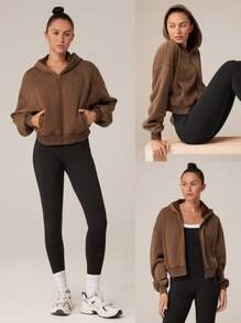 GLOWMODE 羊毛柔软保暖抽绳宽松连帽夹克，带侧袋，日常休闲秋冬