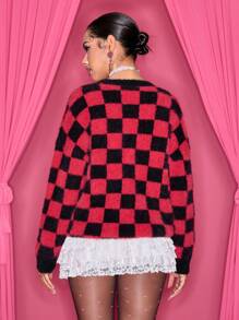 Betty Boop x SHEIN Women's Casual Cartoon Character & Heart Pattern Embroidered Dropped Shoulder Loose Checker Fluffy Knit Sweater - Black - View 2