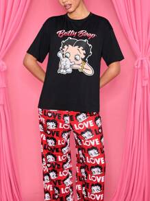 Betty Boop x SHEIN Women Casual Cartoon Character Letter Print Short Sleeve Black Top & Relaxed Straight Leg Pants Pajama Set - Multicolor - View 3