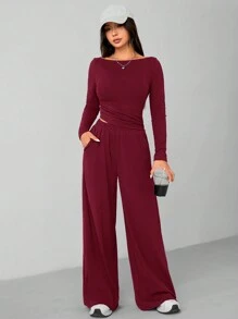 SHEIN PETITE Conjunto de dos piezas informal y cómodo para otoño e invierno, compuesto por top entallado de punto + pantalón de pierna ancha en gris oscuro