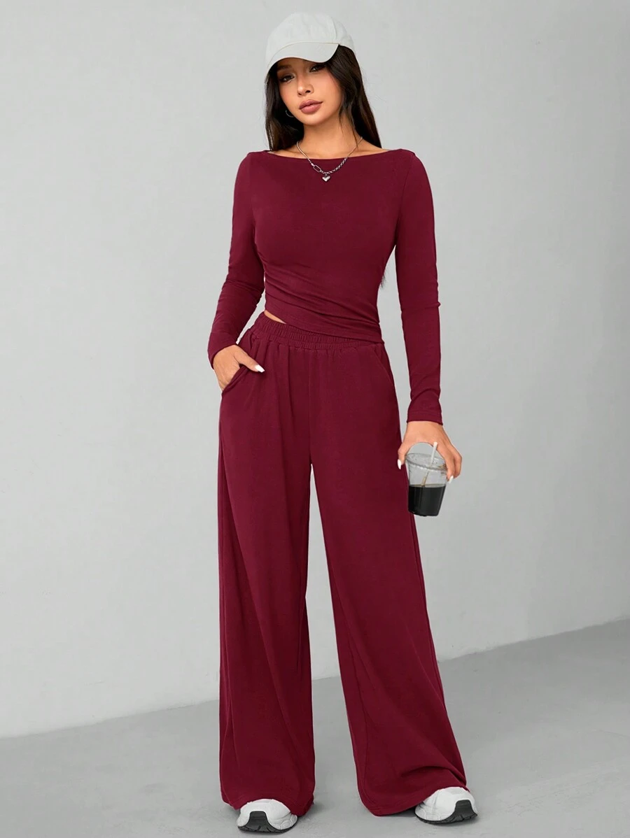 SHEIN PETITE Conjunto de dos piezas informal y cómodo para otoño e invierno, compuesto por top entallado de punto + pantalón de pierna ancha en gris oscuro
