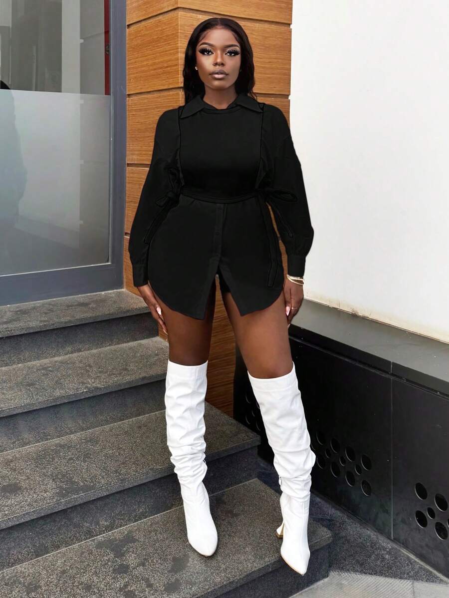 Slaydiva Casual White Loose Long Sleeve Shirt Dress And Black Tie Up Vest Top Set