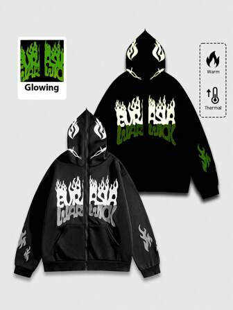 Street Life Sudadera con capucha casual de hombre con estampado de letras fluorescentes en la oscuridad y cierre de cremallera para otoño