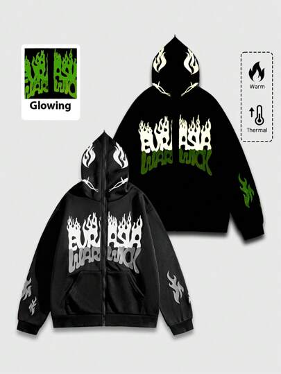 Street Life Sudadera con capucha casual de hombre con estampado de letras fluorescentes en la oscuridad y cierre de cremallera para otoño