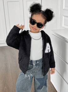 Áo nỉ trùm đầu thêu chữ lông cừu trơn màu cho bé gái - màu đen - Xem 5