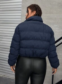 SHEIN EZwear Plus Size Women Solid Color Casual Short Padded Coat, Warm Winter Version - Navy Blue - View 6