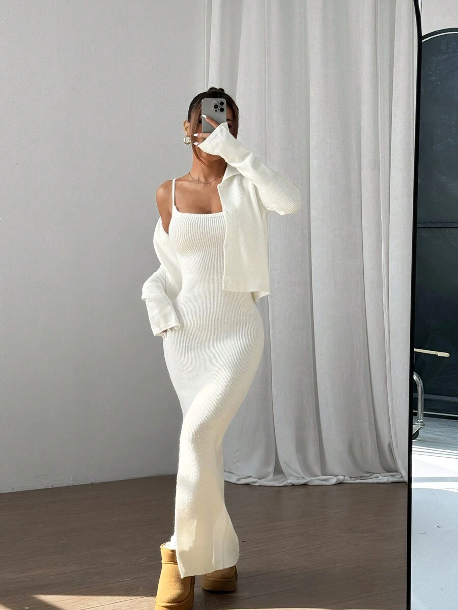 Flirla 2pcs/Set Solid Button-Front Long Sleeve Cardigan And Sleeveless Dress, Fashionable & Versatile Knitted Outfits Fall Winter Cloth For Women - White - View 1