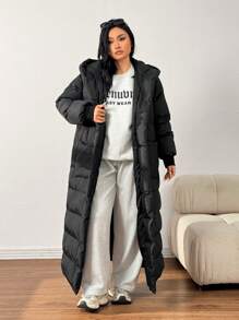 SHEIN EZwear Abrigo acolchado con capucha, cintura con cordón, unicolor, casual, talla grande, para invierno
