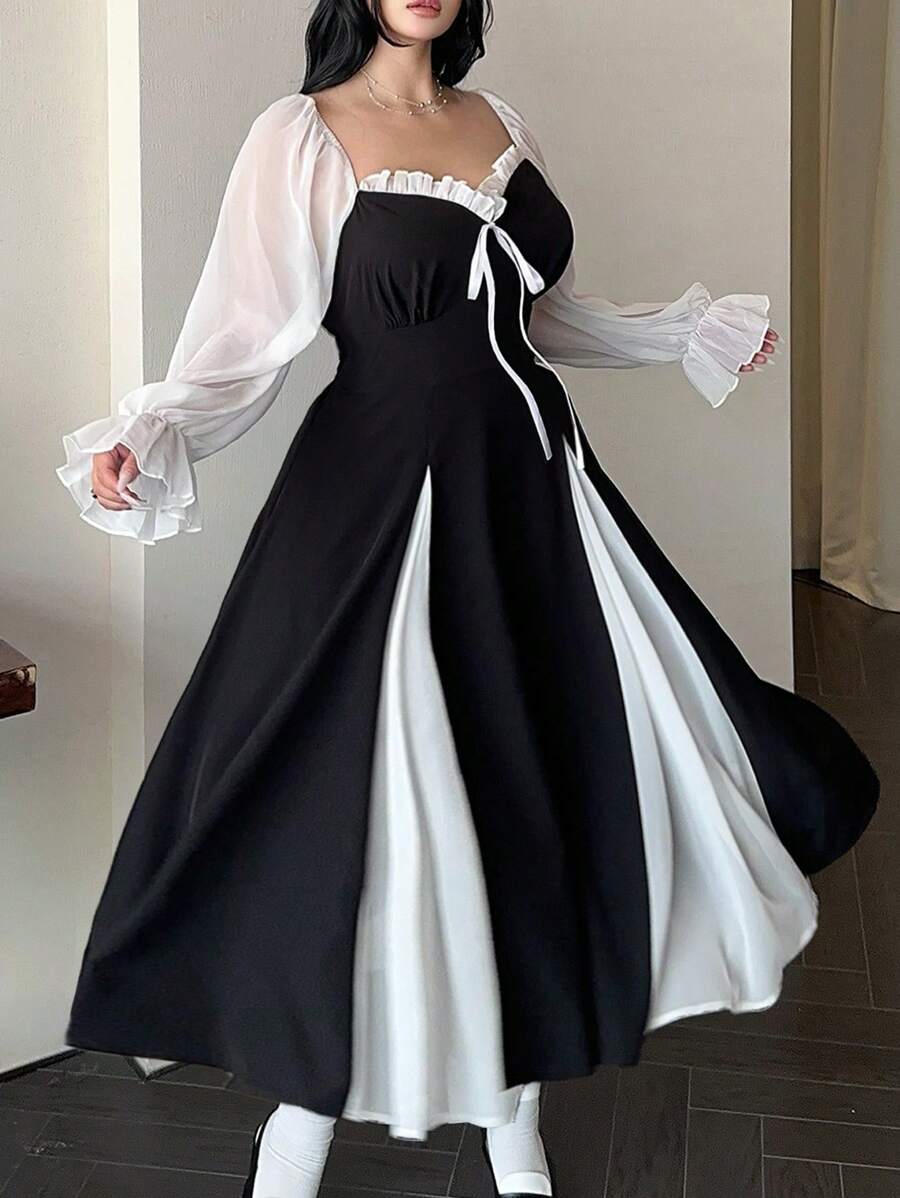 Celure Váy chữ A tay bồng cổ rộng thắt eo ren - màu đen - Xem 1