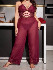 Plus Size Sexy Lace Mesh Jumpsuit With Deep V-Neck, Metal Chain Detail, Elegant Loungewear Jumpsuit