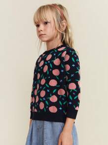 SHEIN Young Girl Black Casual Everyday Peach Pattern Round Neck Drop Shoulder Long Sleeve Loose Knitted Sweater, Autumn/Winter - Grey - View 3