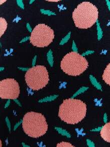 SHEIN Young Girl Black Casual Everyday Peach Pattern Round Neck Drop Shoulder Long Sleeve Loose Knitted Sweater, Autumn/Winter - Grey - View 5