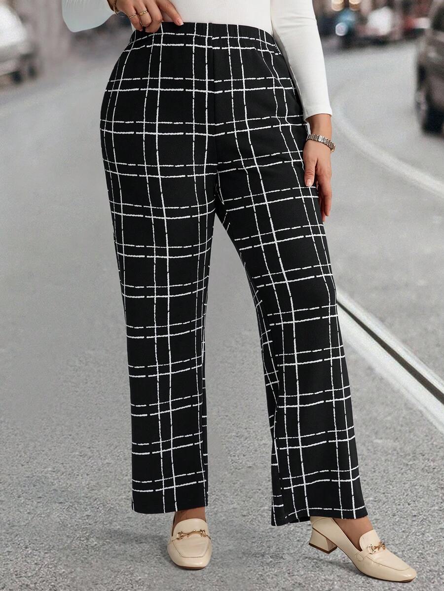 EMERY ROSE Plus Size Women Casual Plaid Pattern Oblique Pocket Long Black Pants, Winter Clothes