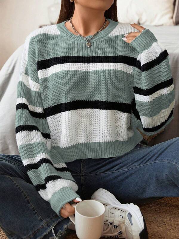 Vibekara Suéter holgado a rayas de talla grande, estilo minimalista, informal para uso diario, para el invierno