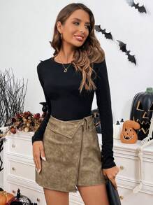 SHEIN LUNE Chân váy chữ A mini da PU phong cách Mỹ cổ điển, thiết kế cạp cao tôn dáng, thu/đông - Màu Khaki - Xem 3