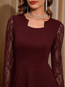 SHEIN Clasi Sleeve Lace Splicing Notched-Neck Asymmetric Hem Dress - Burgundy - View 5