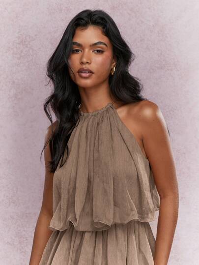 MISSGUIDED Elegant Tiered Ruffle Mini Dress Halter Neck Flowy Pleated Design Evening Party Wedding Guest Spring Summer Occasion Wear,M
