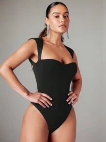 Silquee 素色雞心領口修身背心連體衣 - 黑色 - 查看 2