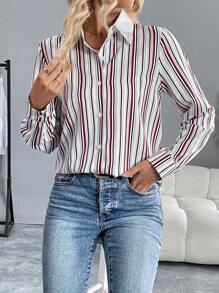 SHEIN Clasi Women's Front Button Long Sleeve Striped Collared Blouse, Minimalist Casual Top For Daily Wear Women Shirt