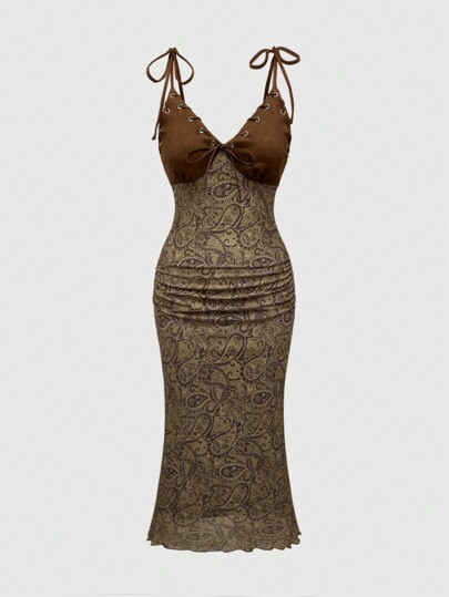 Women's Paisley Mesh And Velvet Patchwork Midi Dress